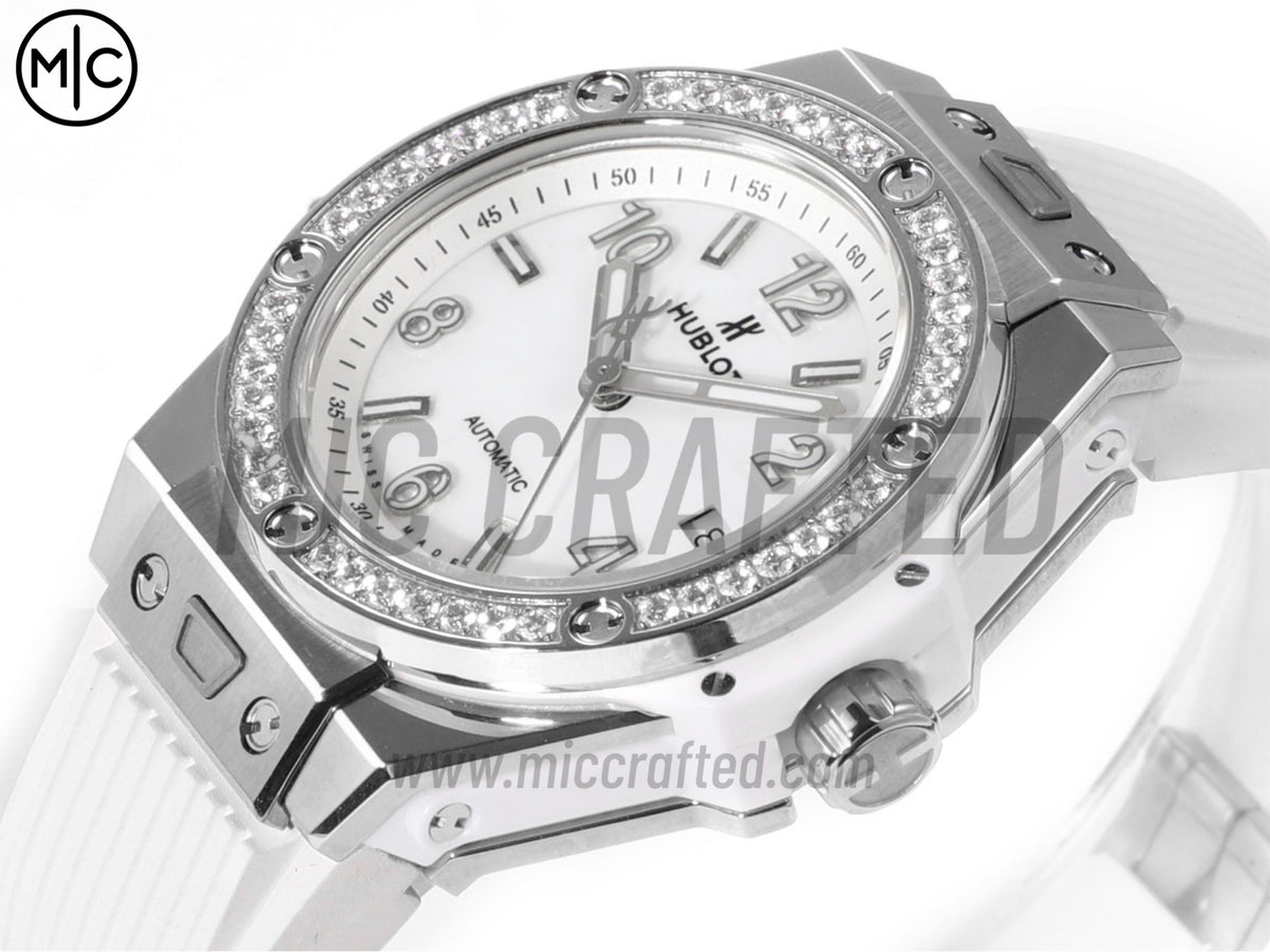 Big Bang 女士腕錶 39mm 不鏽鋼白色錶盤,配白色橡膠錶帶 - 高級版