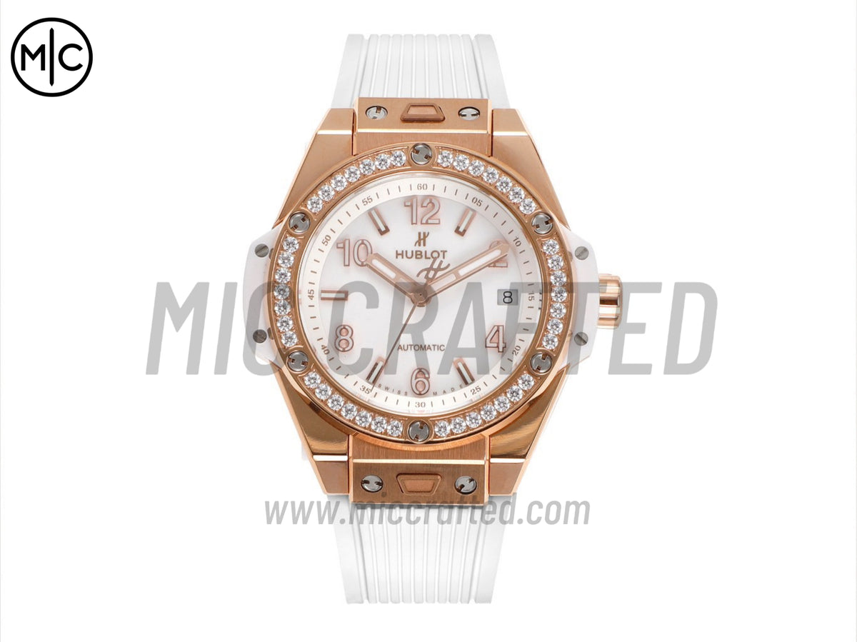 Big Bang 女士腕錶 39mm 玫瑰金白色錶盤,配白色橡膠錶帶 - 高級版