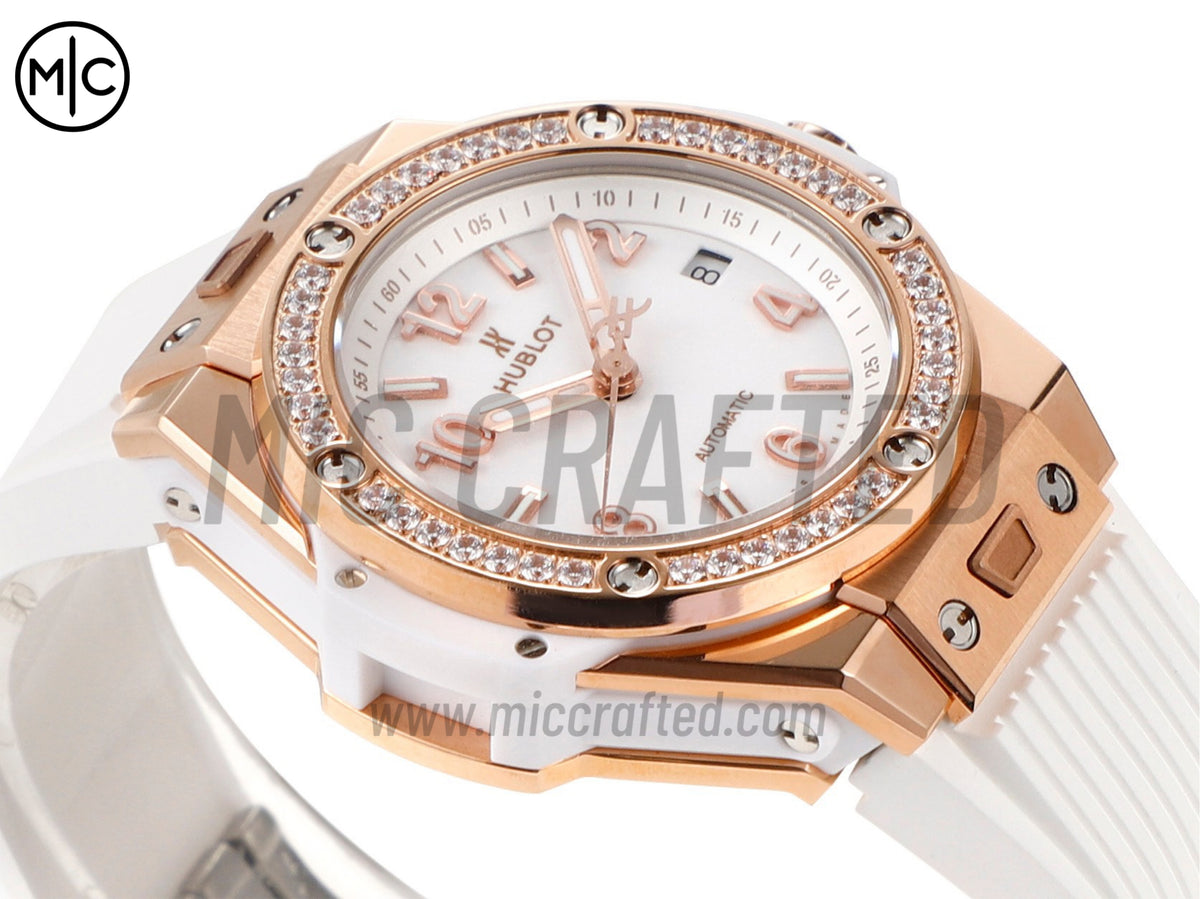 Big Bang 女士腕錶 39mm 玫瑰金白色錶盤,配白色橡膠錶帶 - 高級版