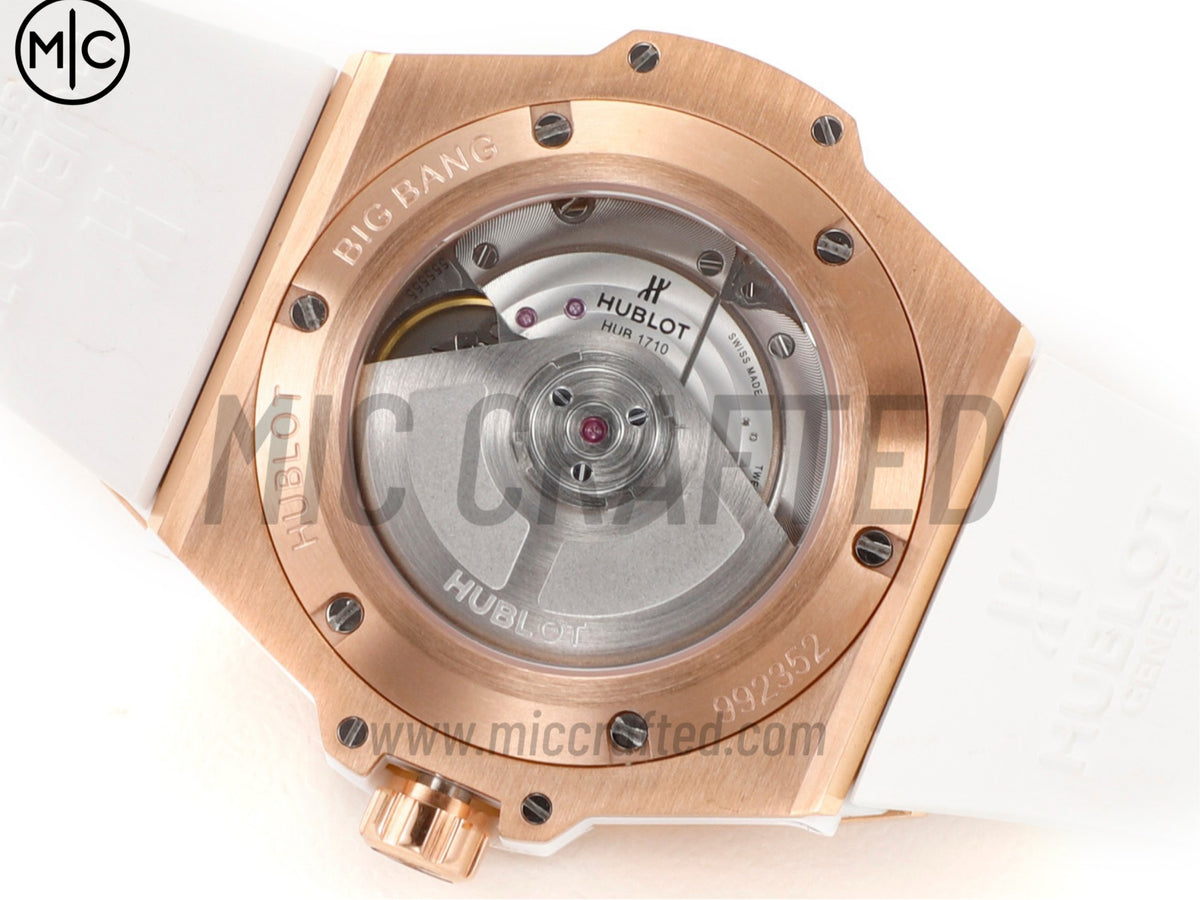 Big Bang 女士腕錶 39mm 玫瑰金白色錶盤,配白色橡膠錶帶 - 高級版
