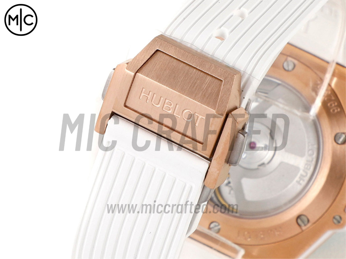 Big Bang 女士腕錶 39mm 玫瑰金白色錶盤,配白色橡膠錶帶 - 高級版