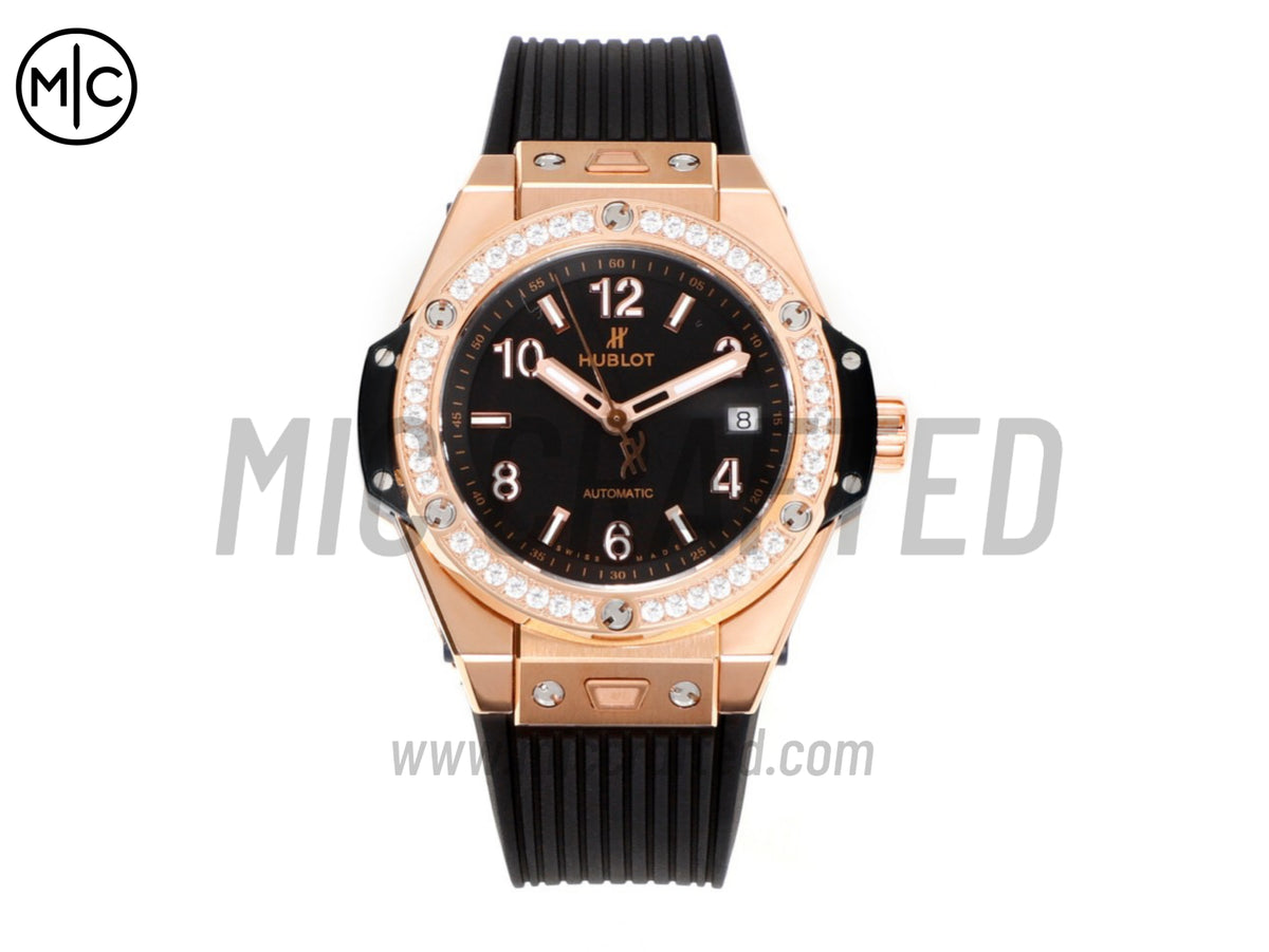 Big Bang 女士腕錶 39mm 玫瑰金黑色錶盤,配黑色橡膠錶帶 - 高級版