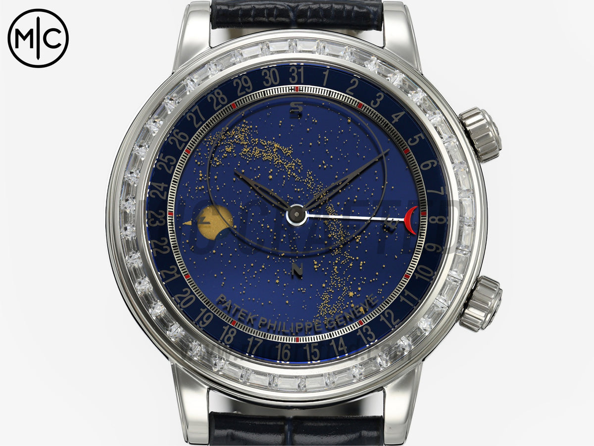 Grand Complications 6104 44mm 不鏽鋼 紫色鑽石錶圈 藍色錶盤搭配藍色皮革錶帶 - 尊享版