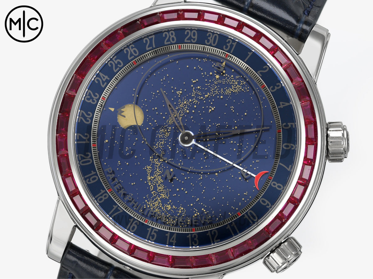 Grand Complications 6104 44mm 不鏽鋼 紅色鑽石錶圈 藍色錶盤搭配藍色皮革錶帶 - 尊享版