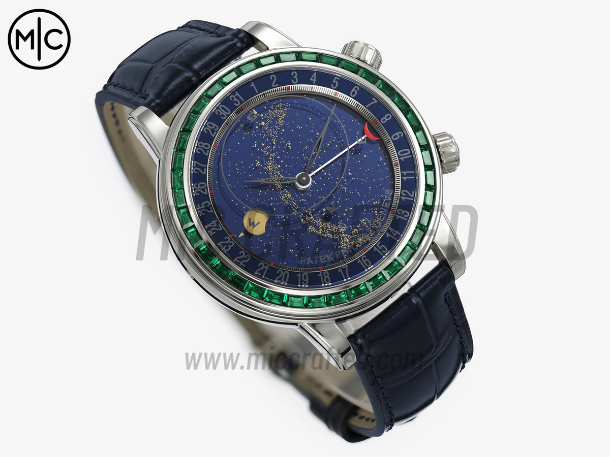 Grand Complications 6104 44mm 不鏽鋼 綠色鑽石錶圈 藍色錶盤搭配藍色皮革錶帶 - 尊享版
