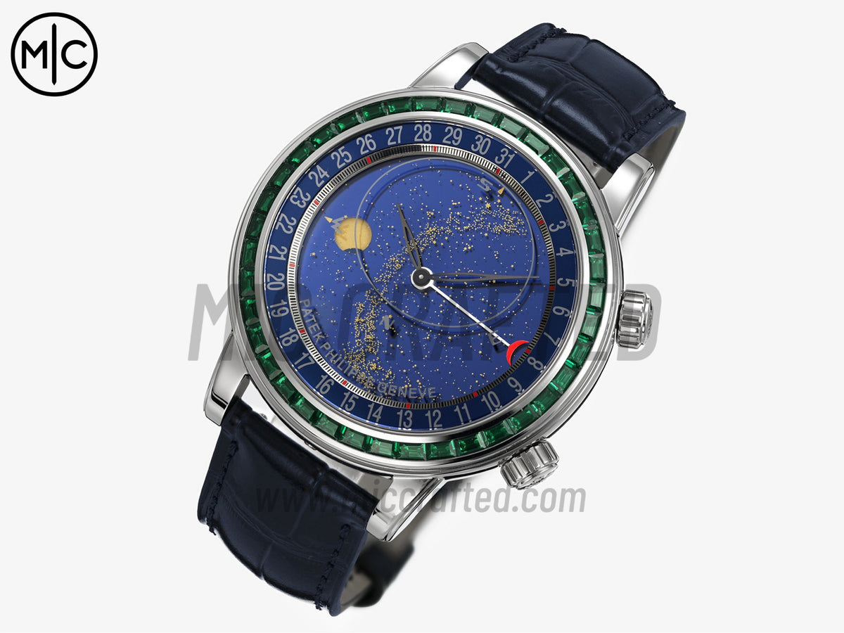 Grand Complications 6104 44mm 不鏽鋼 綠色鑽石錶圈 藍色錶盤搭配藍色皮革錶帶 - 尊享版