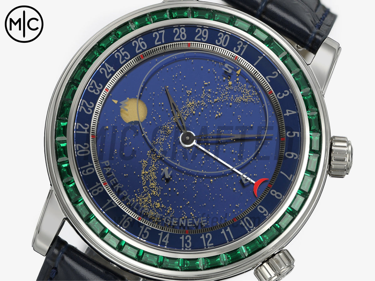 Grand Complications 6104 44mm 不鏽鋼 綠色鑽石錶圈 藍色錶盤搭配藍色皮革錶帶 - 尊享版
