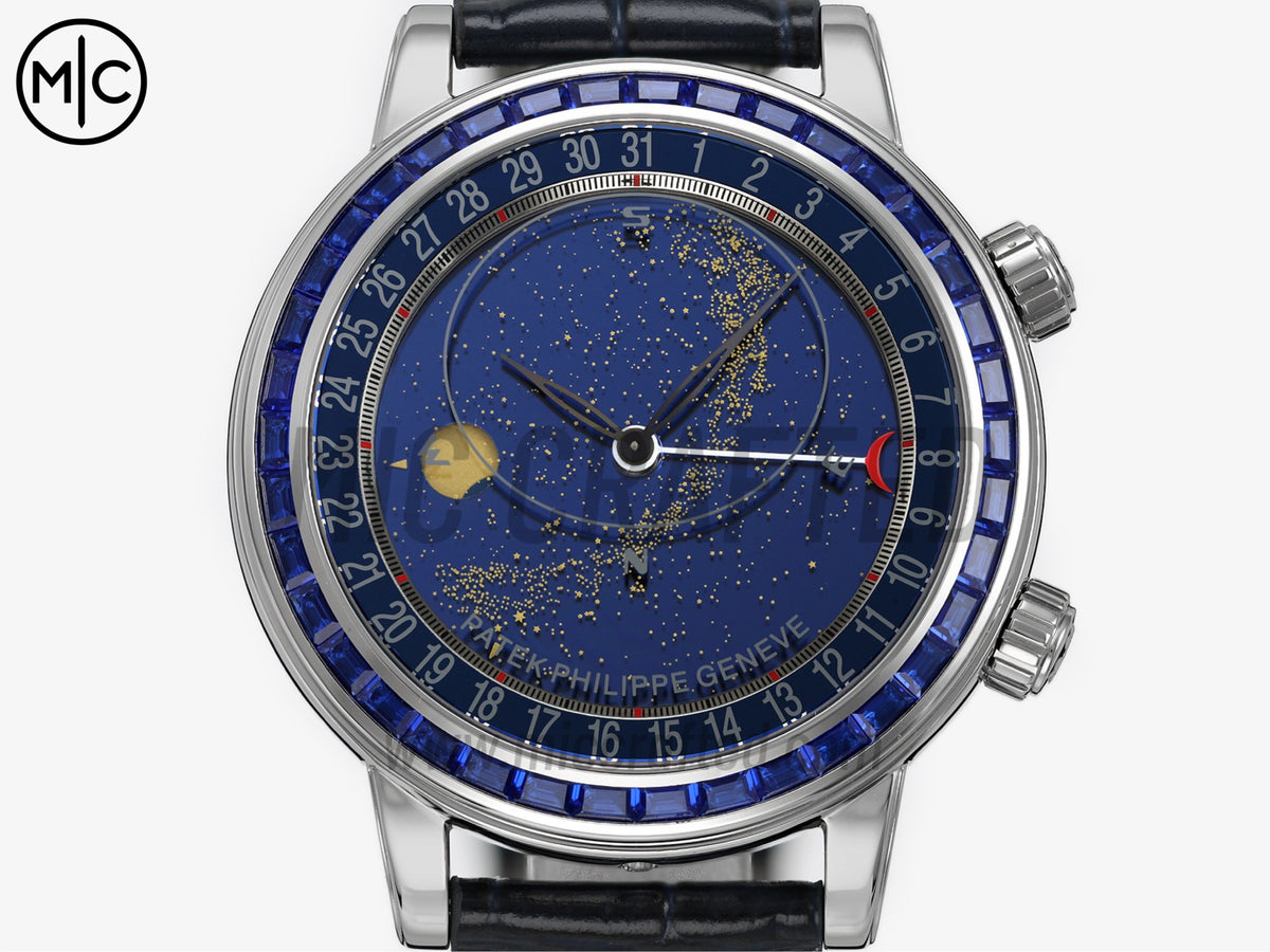 Grand Complications 6104 44mm SS Blue Diamonds Bezel Blue Dial on Blue Leather Strap – Premium Edition