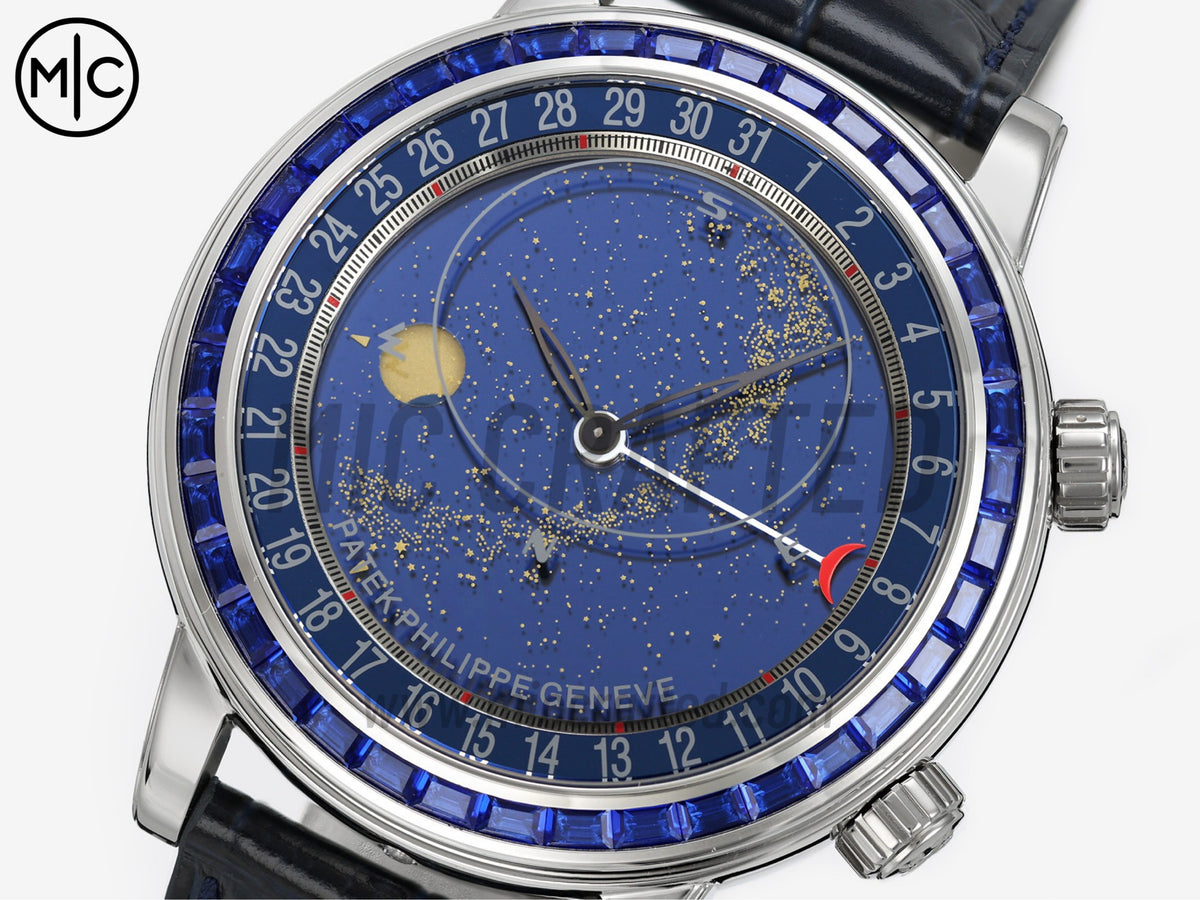 Grand Complications 6104 44mm SS Blue Diamonds Bezel Blue Dial on Blue Leather Strap – Premium Edition