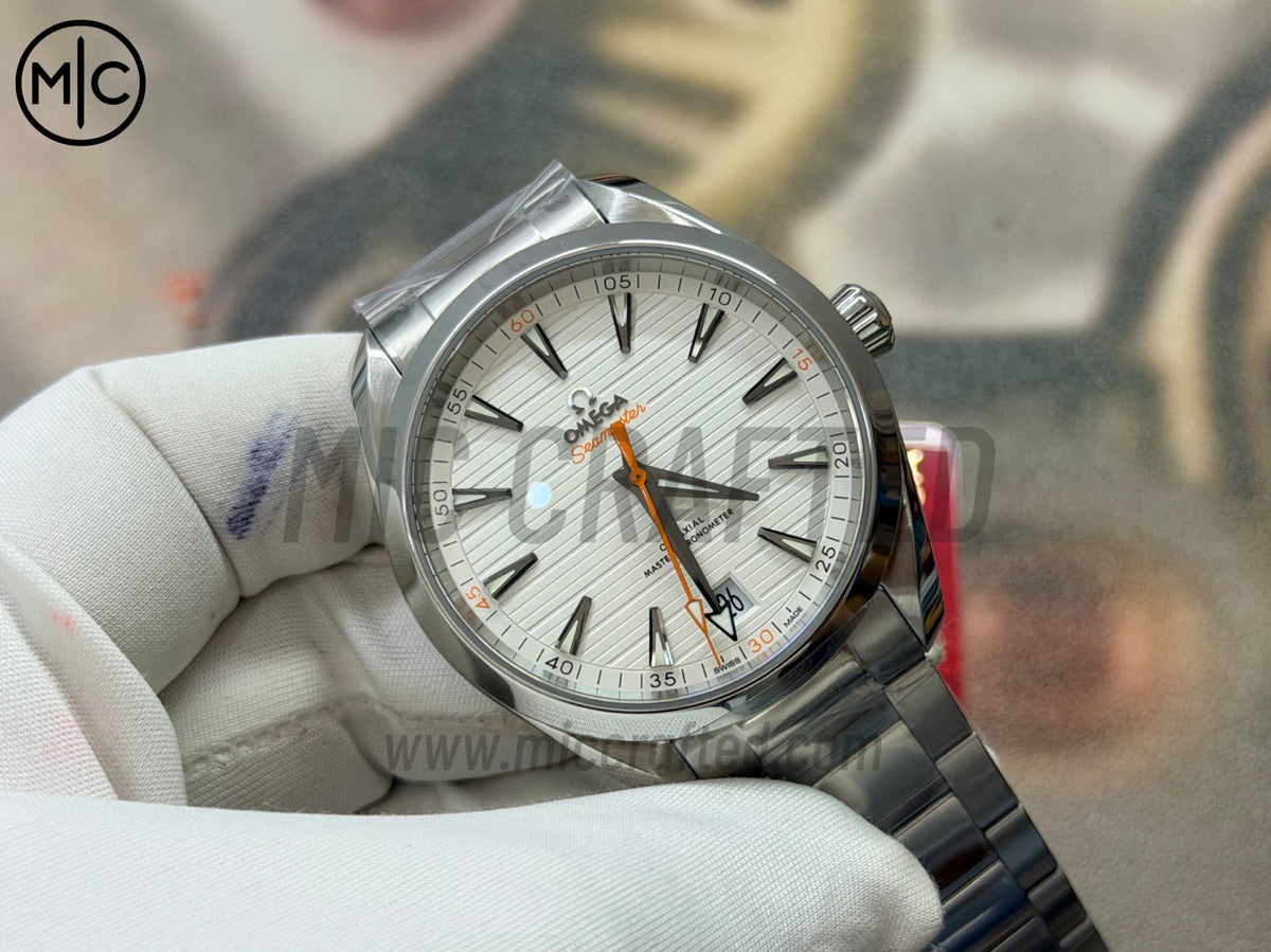 Aqua Terra 150M 41mm Master Chronometers White Dial Orange Hand on SS Bracelet – Premium Edition