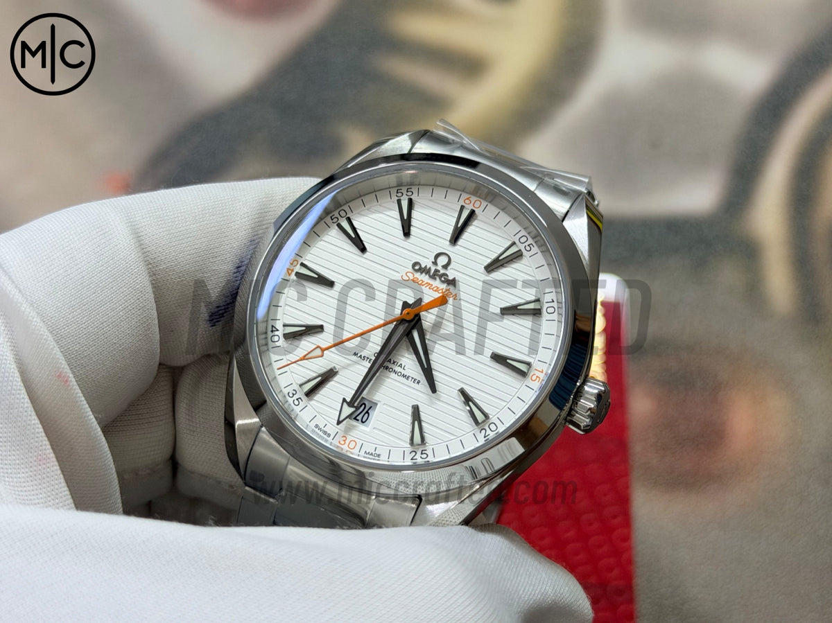 Aqua Terra 150M 41mm Master Chronometers White Dial Orange Hand on SS Bracelet – Premium Edition