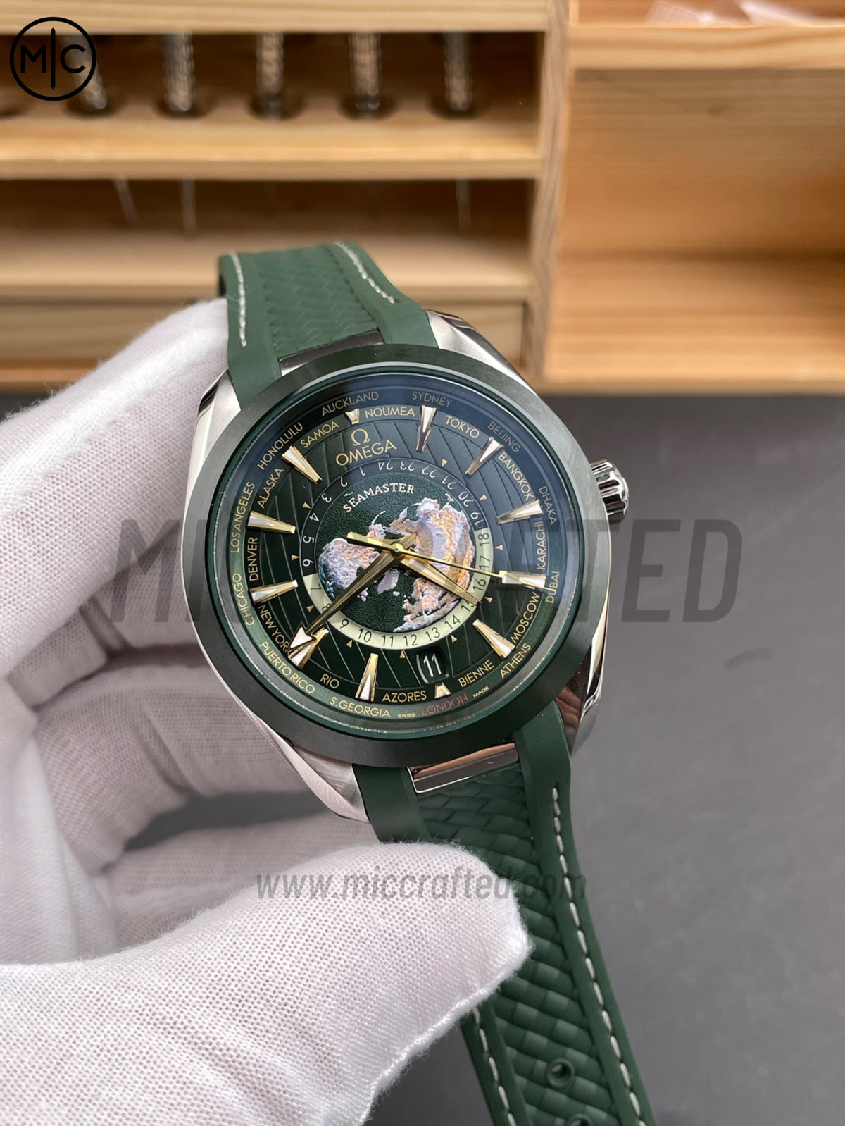 Aqua Terra GMT Worldtimer 43mm Green Ceramic on Green Rubber Strap – Premium Edition