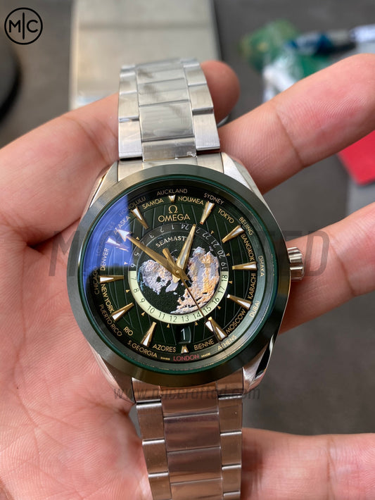 Aqua Terra GMT Worldtimer 43mm Green Ceramic on SS Bracelet – Premium Edition