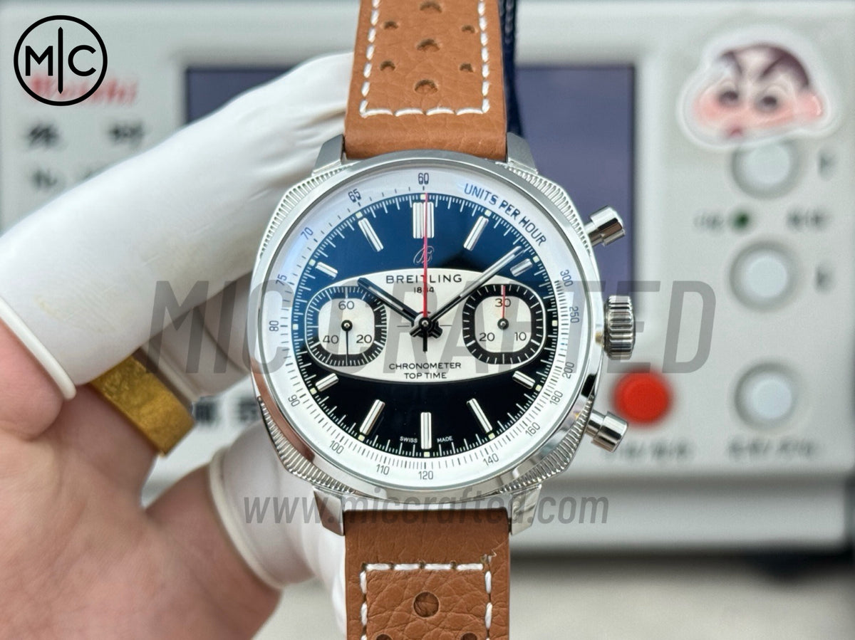 Top Time B01 38mm Racing 黑色/白色錶盤配棕色皮革錶帶 - 尊享版