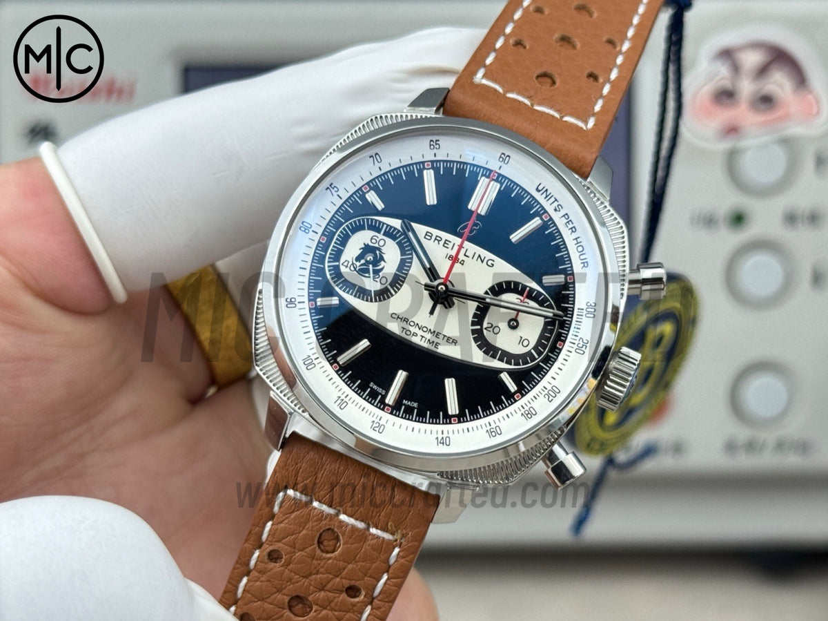 Top Time B01 38mm Racing「紅影黑色騎兵」黑色/白色錶盤配棕色皮革錶帶 - 尊享版