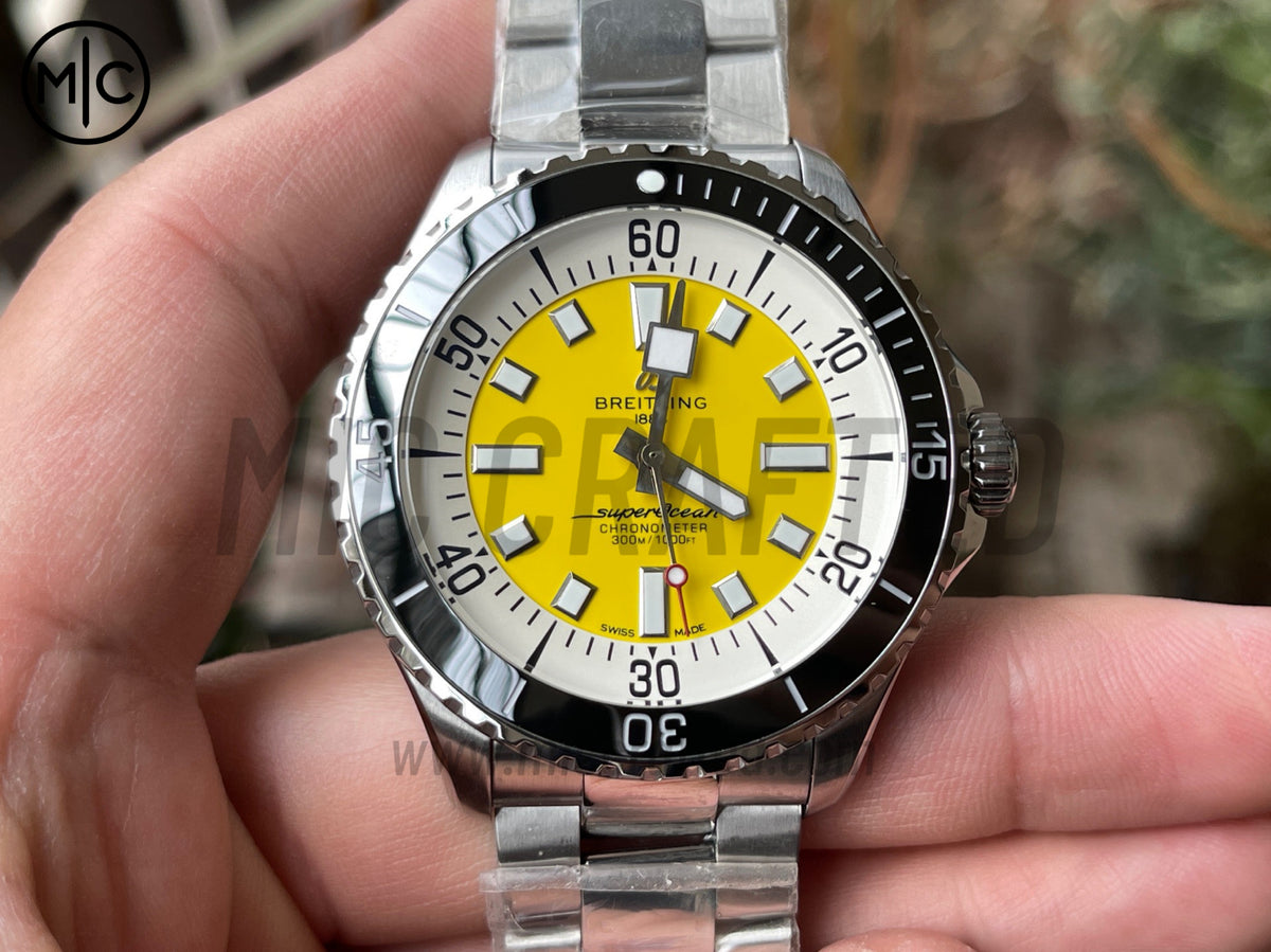 超級海洋系列自動腕錶 44mm 不鏽鋼黑色錶圈黃色錶盤配不鏽鋼錶鏈 - 尊貴版