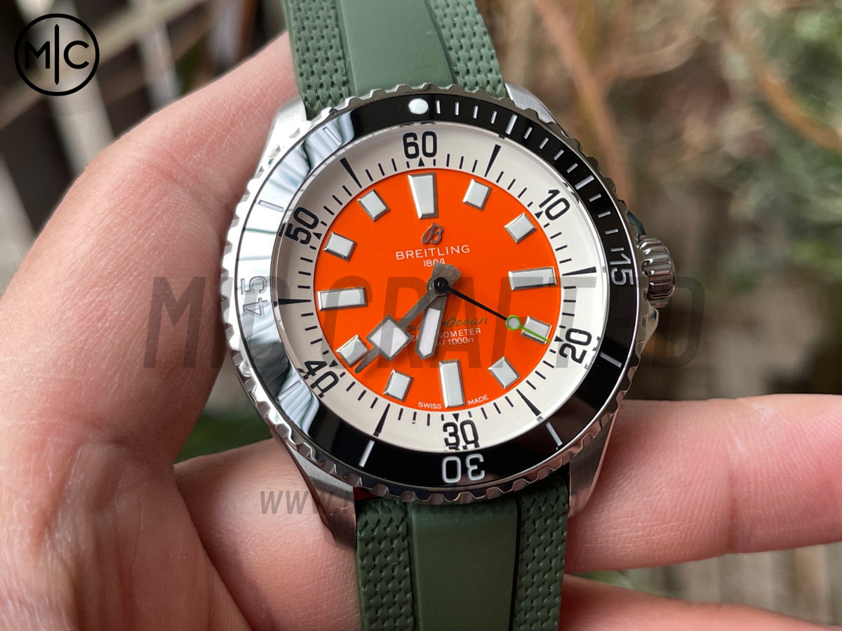 超級海洋系列自動腕錶 44mm 不鏽鋼黑色錶圈橙色錶盤配綠色橡膠錶帶 - 尊貴版