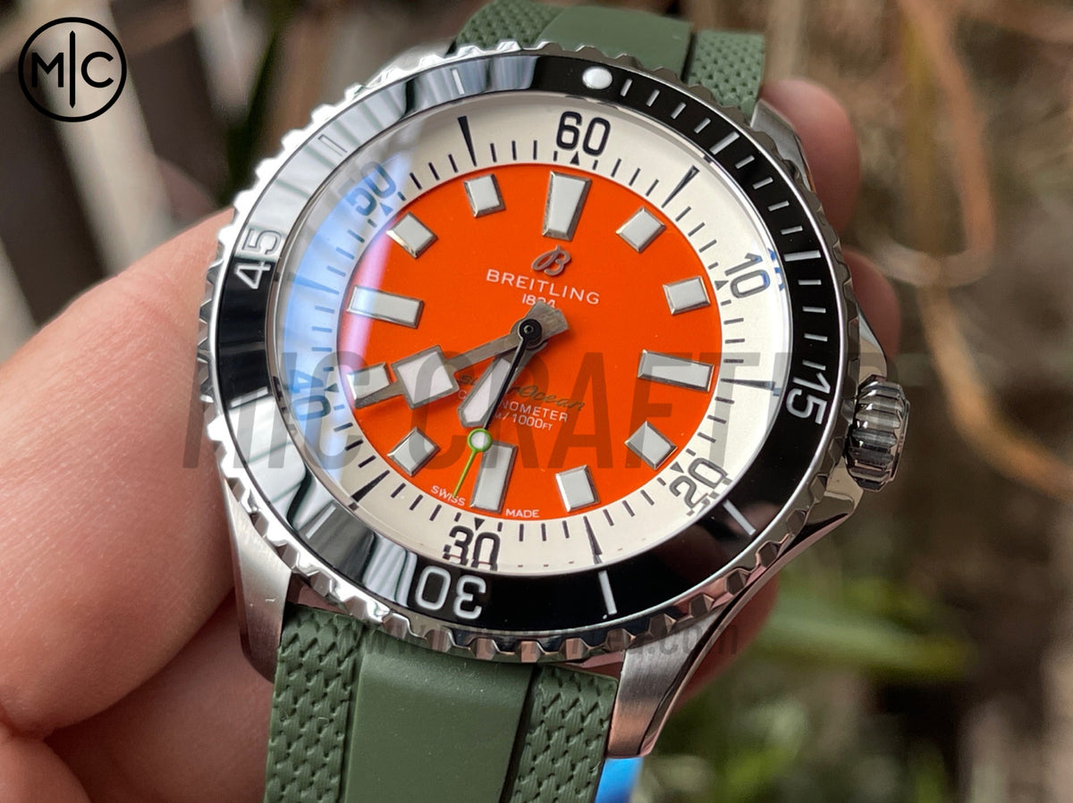超級海洋系列自動腕錶 44mm 不鏽鋼黑色錶圈橙色錶盤配綠色橡膠錶帶 - 尊貴版