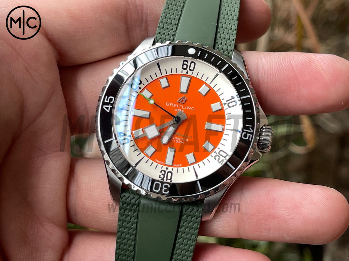 超級海洋系列自動腕錶 44mm 不鏽鋼黑色錶圈橙色錶盤配綠色橡膠錶帶 - 尊貴版