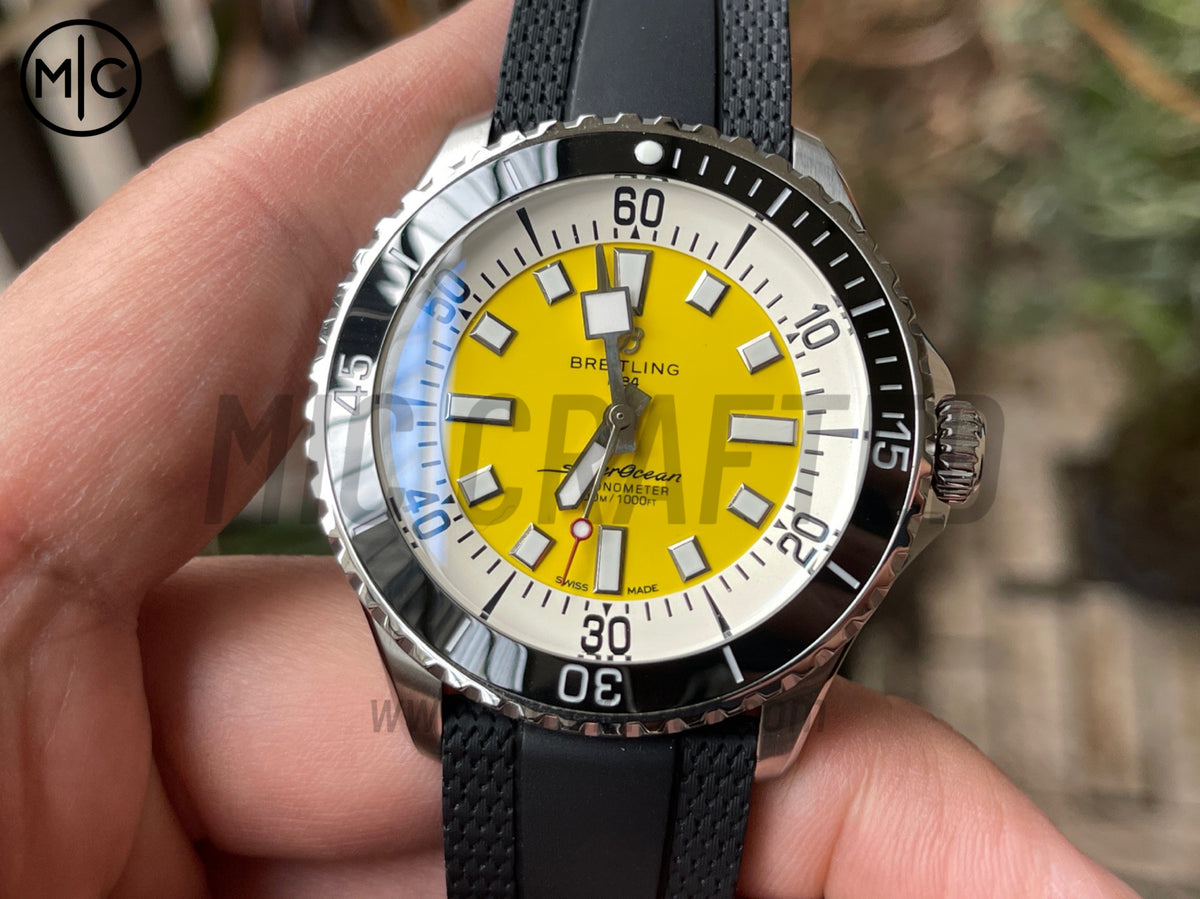 超級海洋系列自動腕錶 44mm 不鏽鋼黑色錶圈黃色錶盤配黑色橡膠錶帶 - 尊貴版