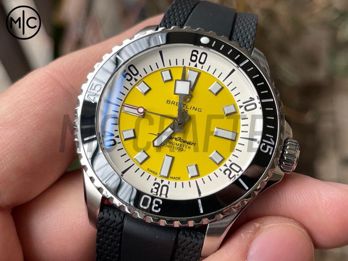 超級海洋系列自動腕錶 44mm 不鏽鋼黑色錶圈黃色錶盤配黑色橡膠錶帶 - 尊貴版