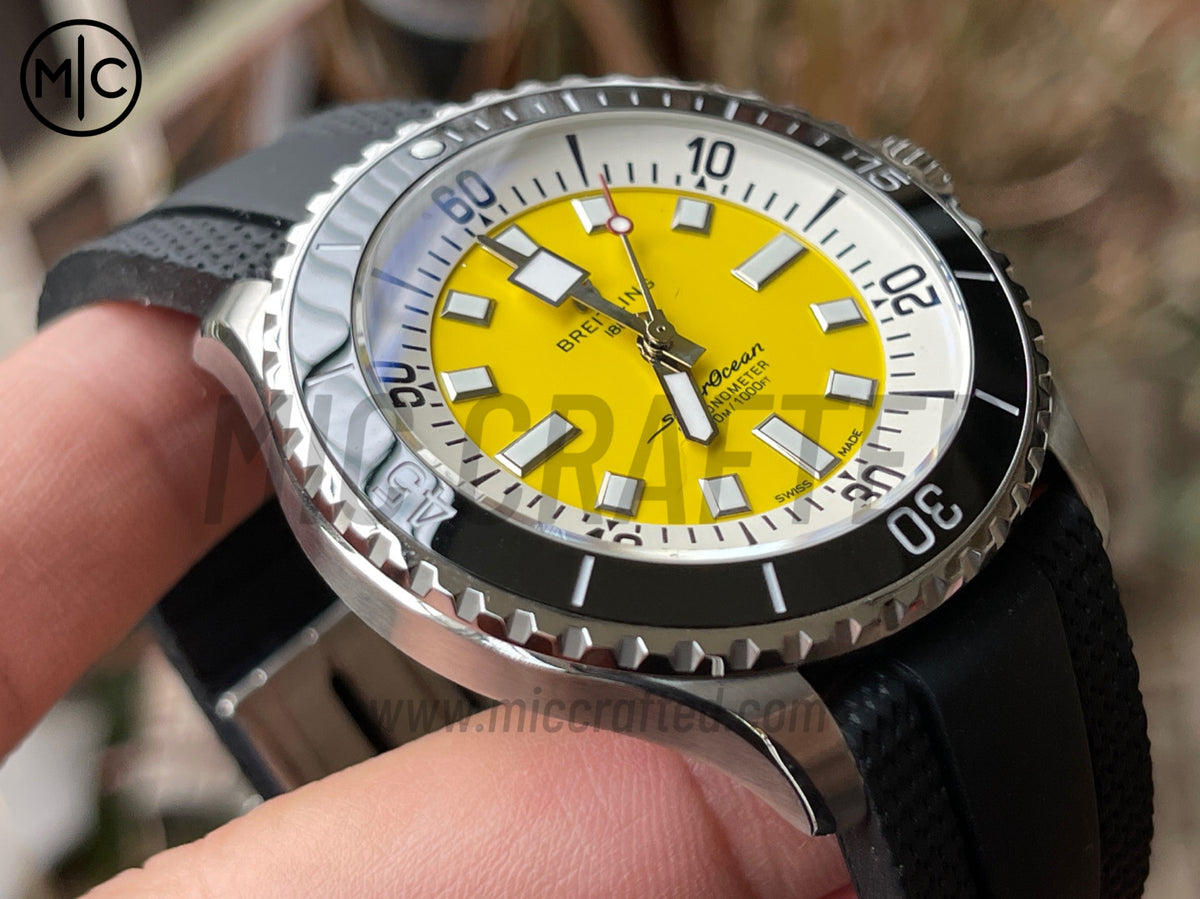 超級海洋系列自動腕錶 44mm 不鏽鋼黑色錶圈黃色錶盤配黑色橡膠錶帶 - 尊貴版