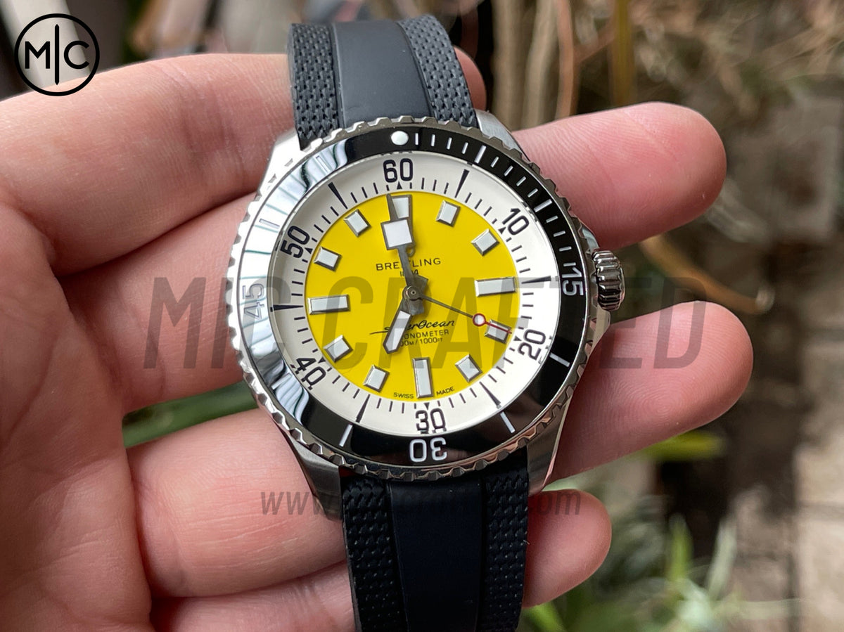 超級海洋系列自動腕錶 44mm 不鏽鋼黑色錶圈黃色錶盤配黑色橡膠錶帶 - 尊貴版