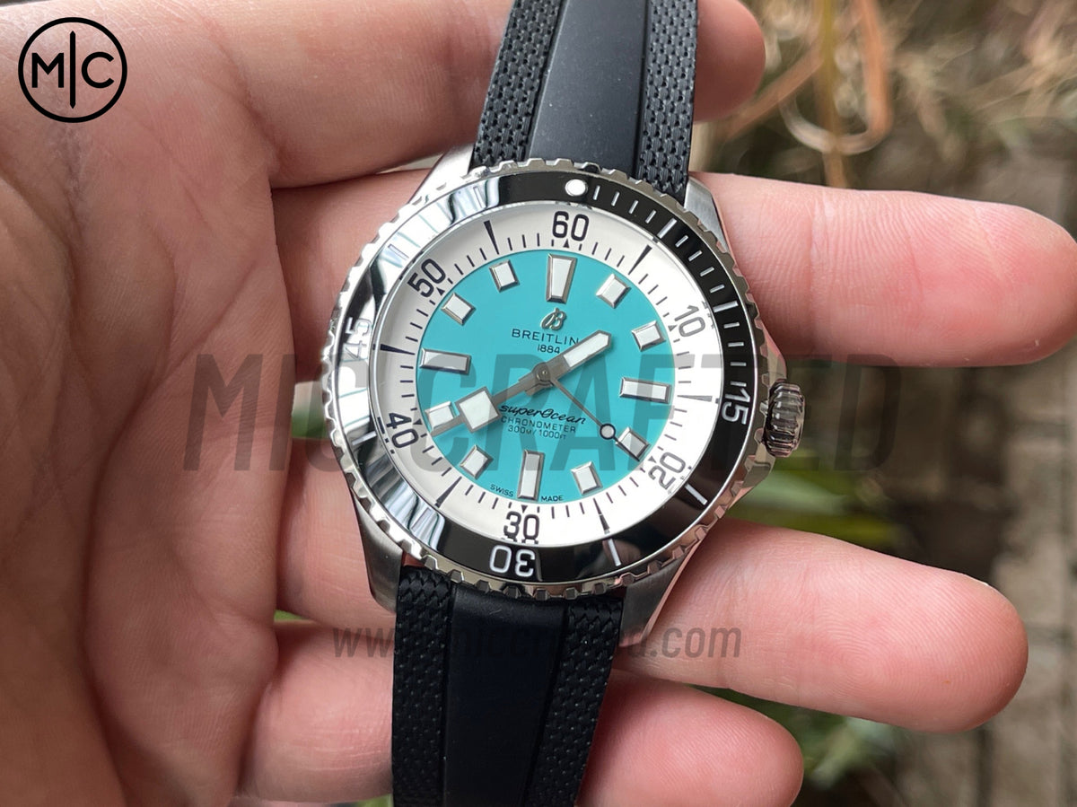超級海洋系列自動腕錶 44mm 不鏽鋼藍色錶圈蒂芙尼藍色錶盤配黑色橡膠錶帶 - 尊貴版