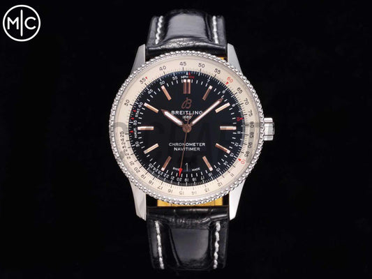 Navitimer 41mm Date SS Black Dial on Black Leather Strap – Premium Edition