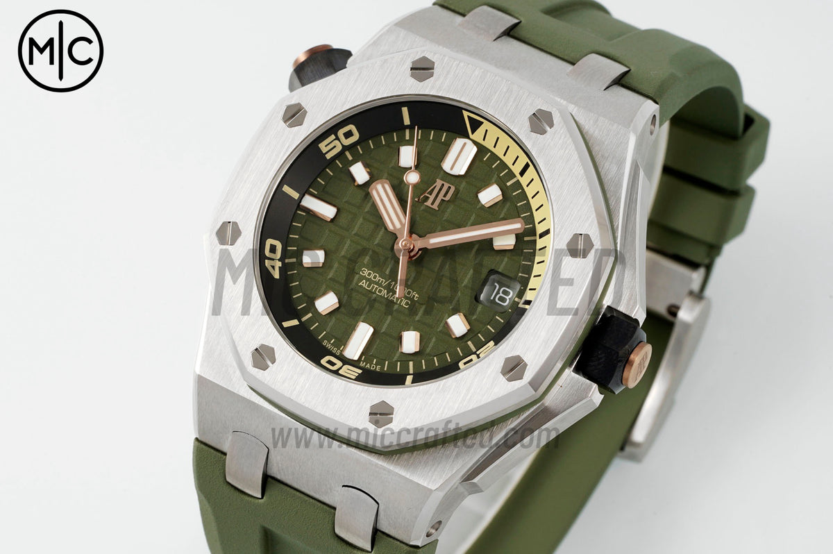 Royal Oak Offshore Diver 15720 42mm SS Green Dial on Green Rubber Strap – Premium Edition
