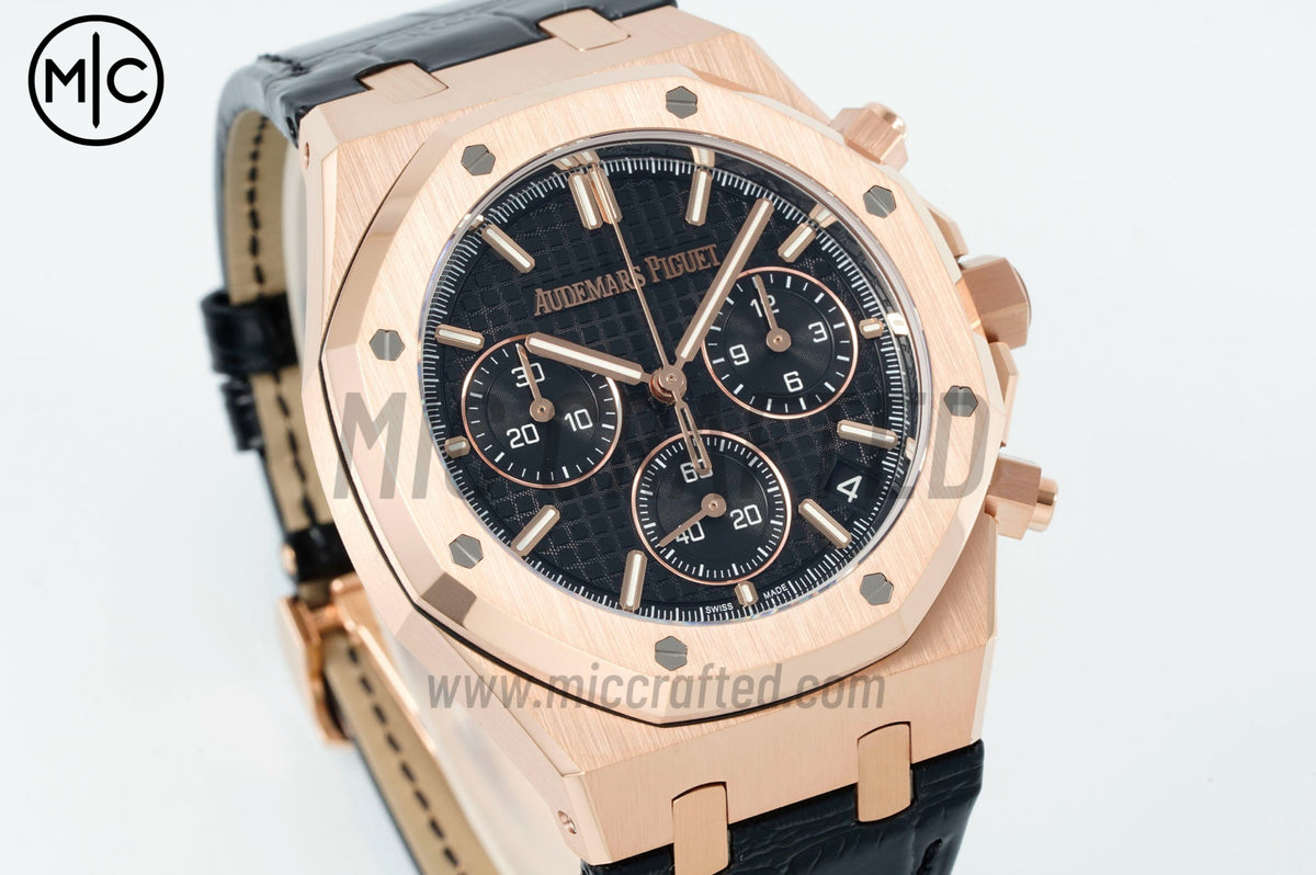 Royal Oak Chrono 41mm 26240 RG Black Dial on Black Leather Bracelet – Premium Edition