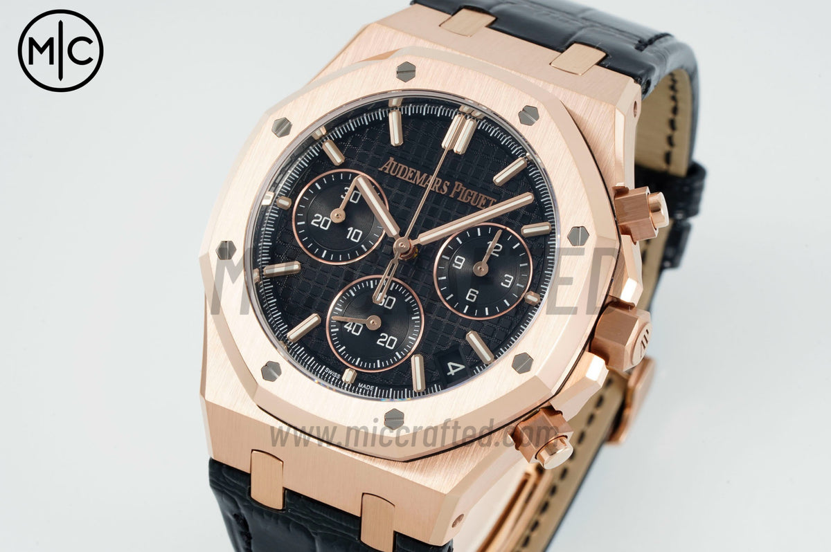 Royal Oak Chrono 41mm 26240 RG Black Dial on Black Leather Bracelet – Premium Edition