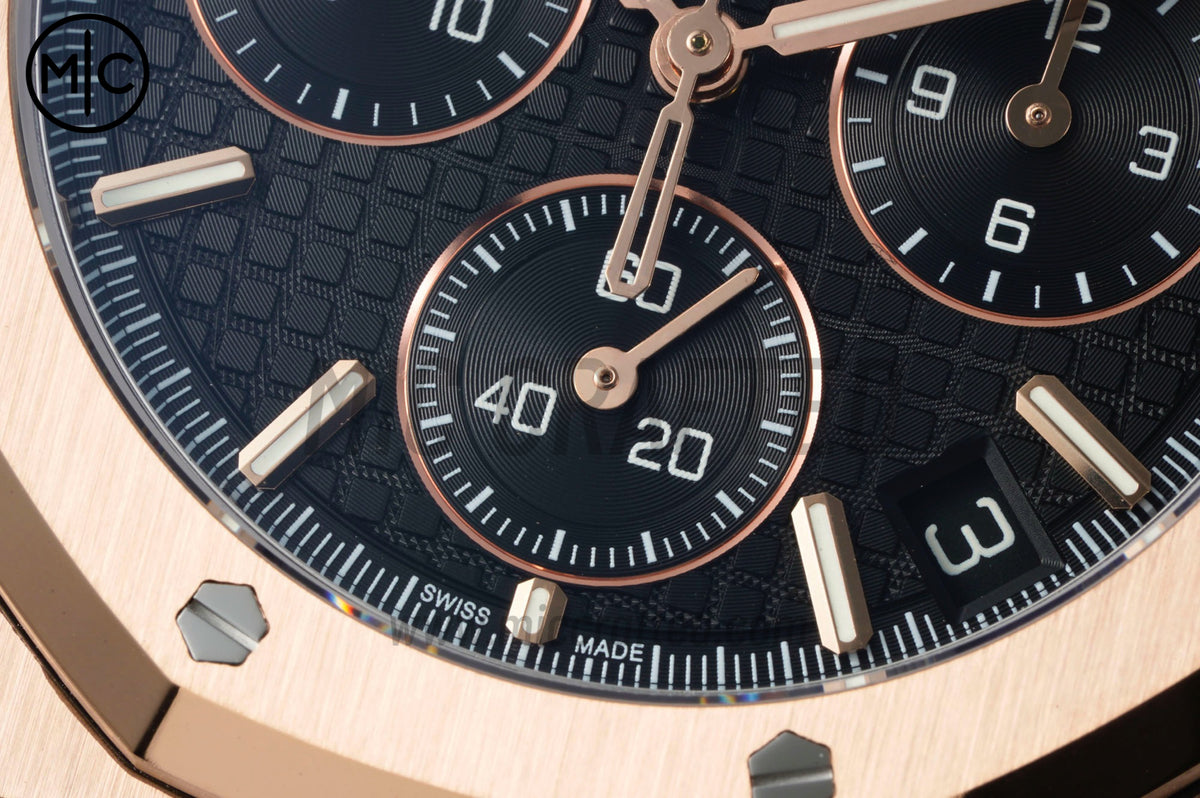 Royal Oak Chrono 41mm 26240 RG Black Dial on Black Leather Bracelet – Premium Edition
