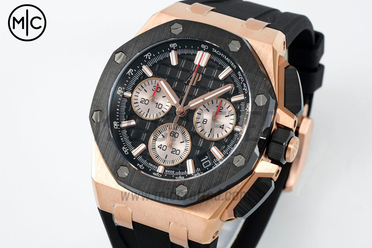 Royal Oak Offshore 43mm 26420 RG Ceramic Bezel Black/Silver Dial on Black Rubber Strap – Premium Edition