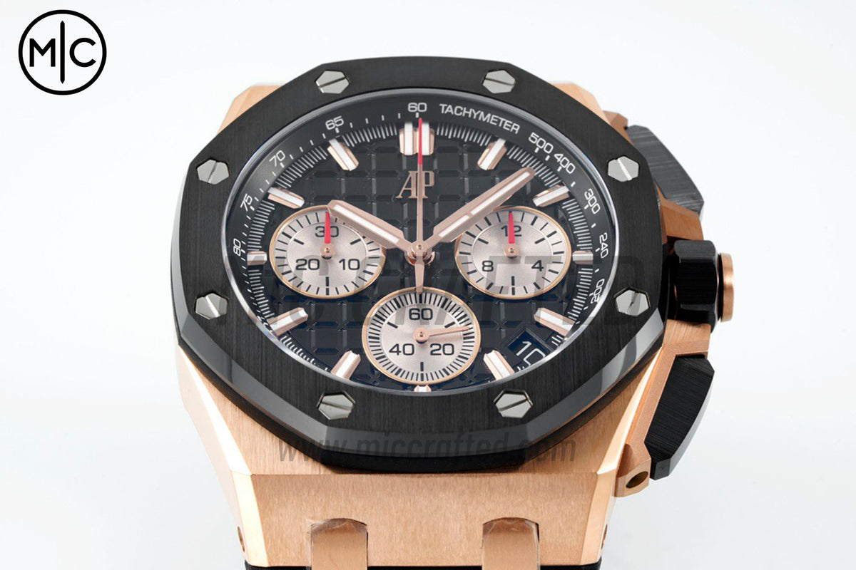 Royal Oak Offshore 43mm 26420 RG Ceramic Bezel Black/Silver Dial on Black Rubber Strap – Premium Edition