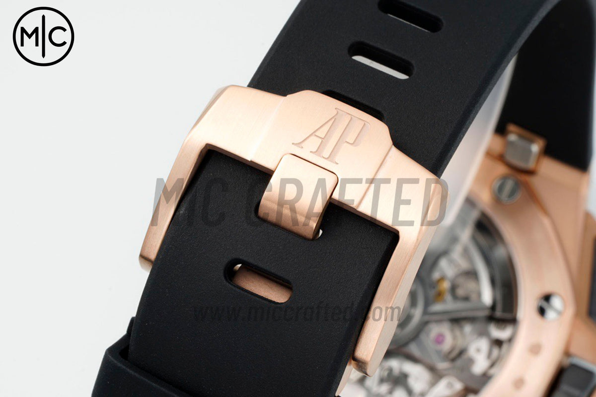 Royal Oak Offshore 43mm 26420 RG Ceramic Bezel Black/Silver Dial on Black Rubber Strap – Premium Edition
