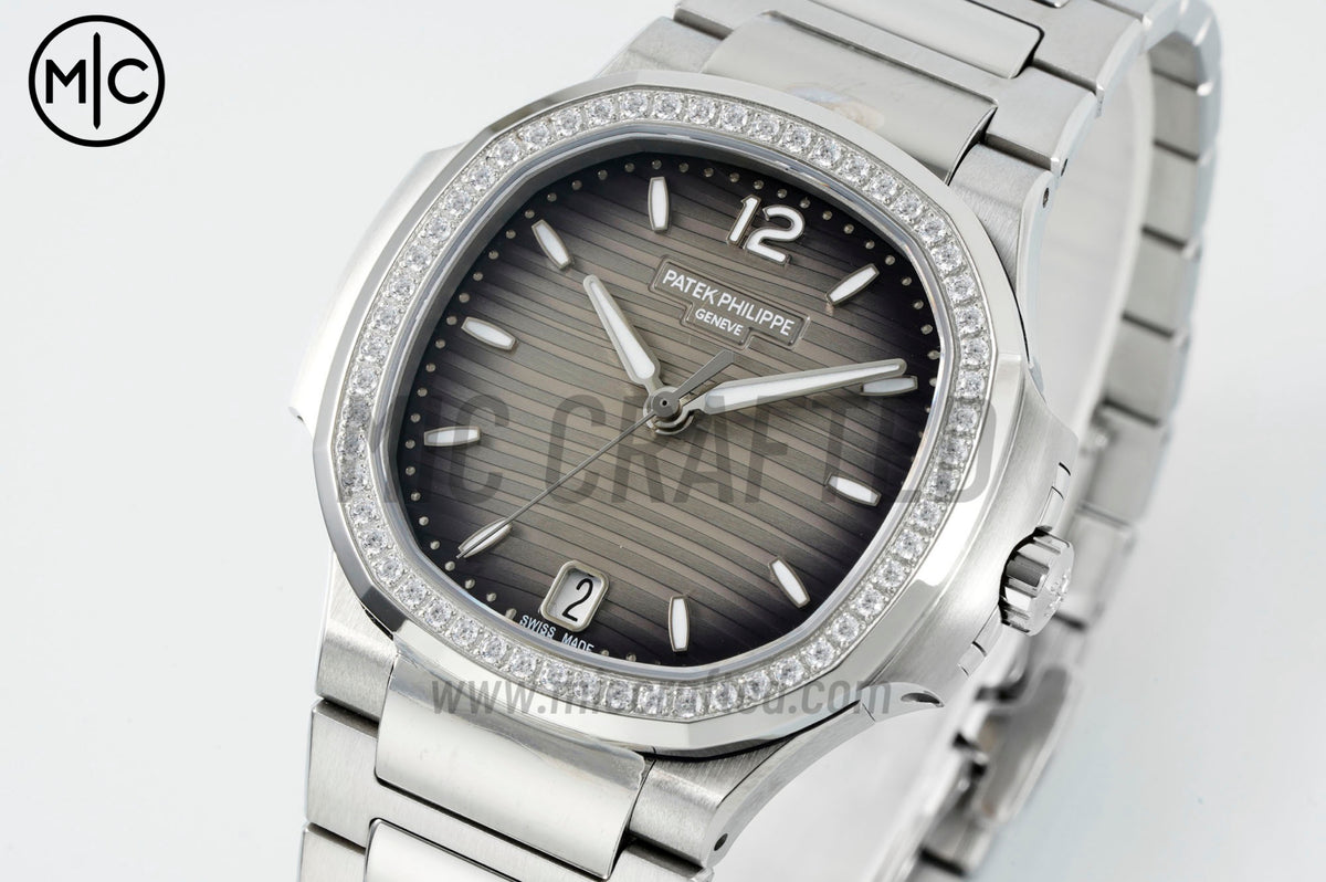 Nautilus 7118 35.2mm Ladies Gray Dial Diamonds Bezel on SS Bracelet – Premium Edition