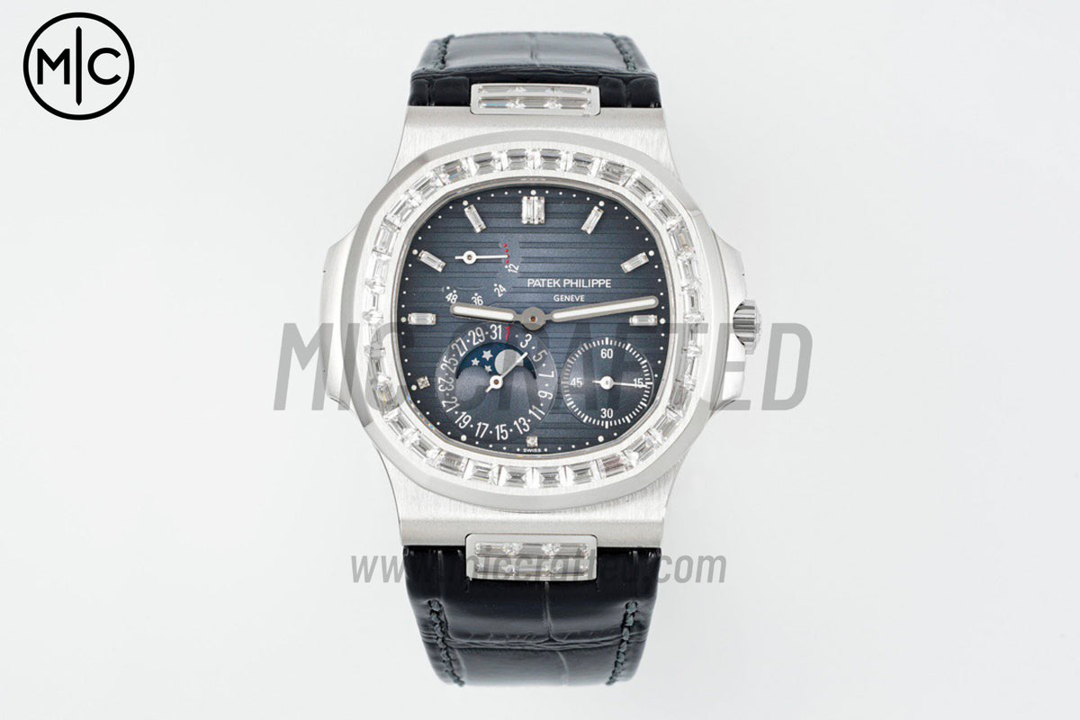 Nautilus 5724 40mm Full Diamonds SS Blue Dial on Black Leather Strap – Premium Edition