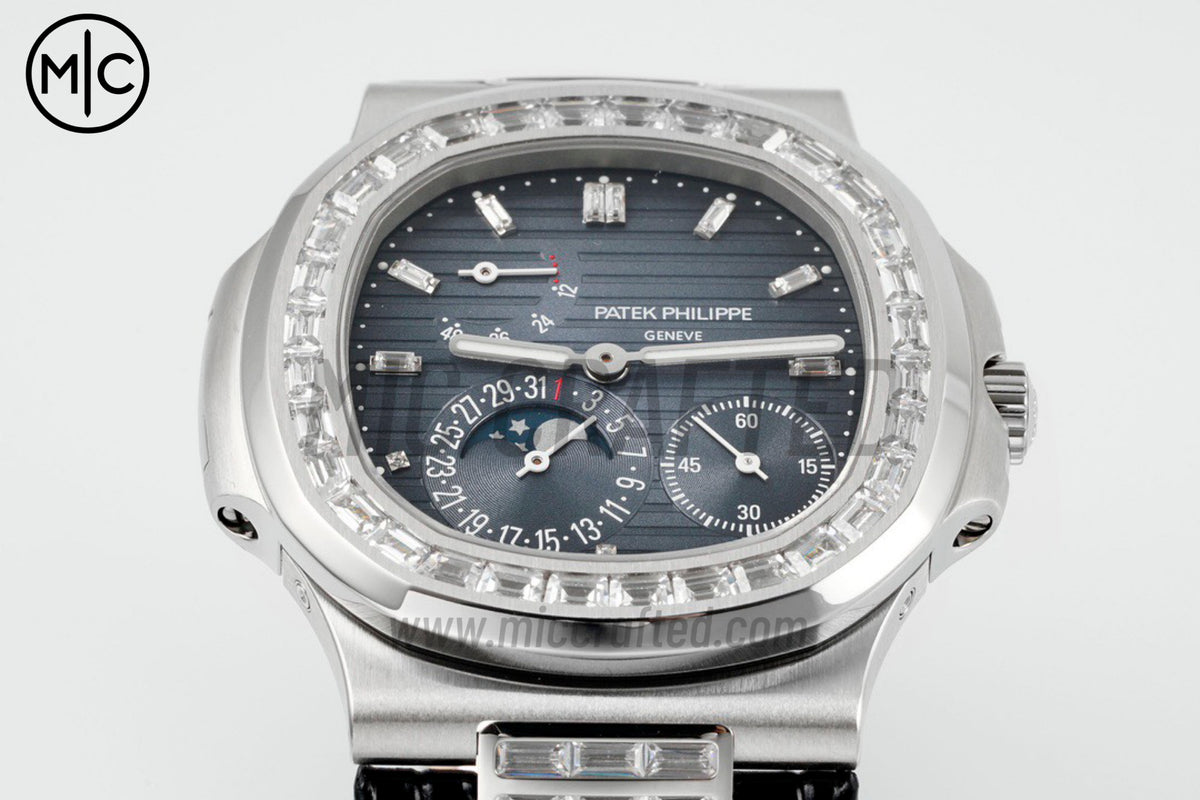 Nautilus 5724 40mm Full Diamonds SS Blue Dial on Black Leather Strap – Premium Edition