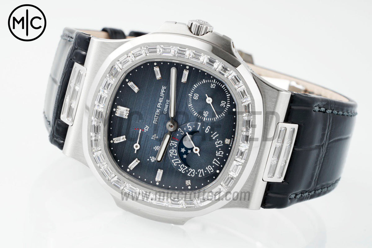 Nautilus 5724 40mm Full Diamonds SS Blue Dial on Black Leather Strap – Premium Edition