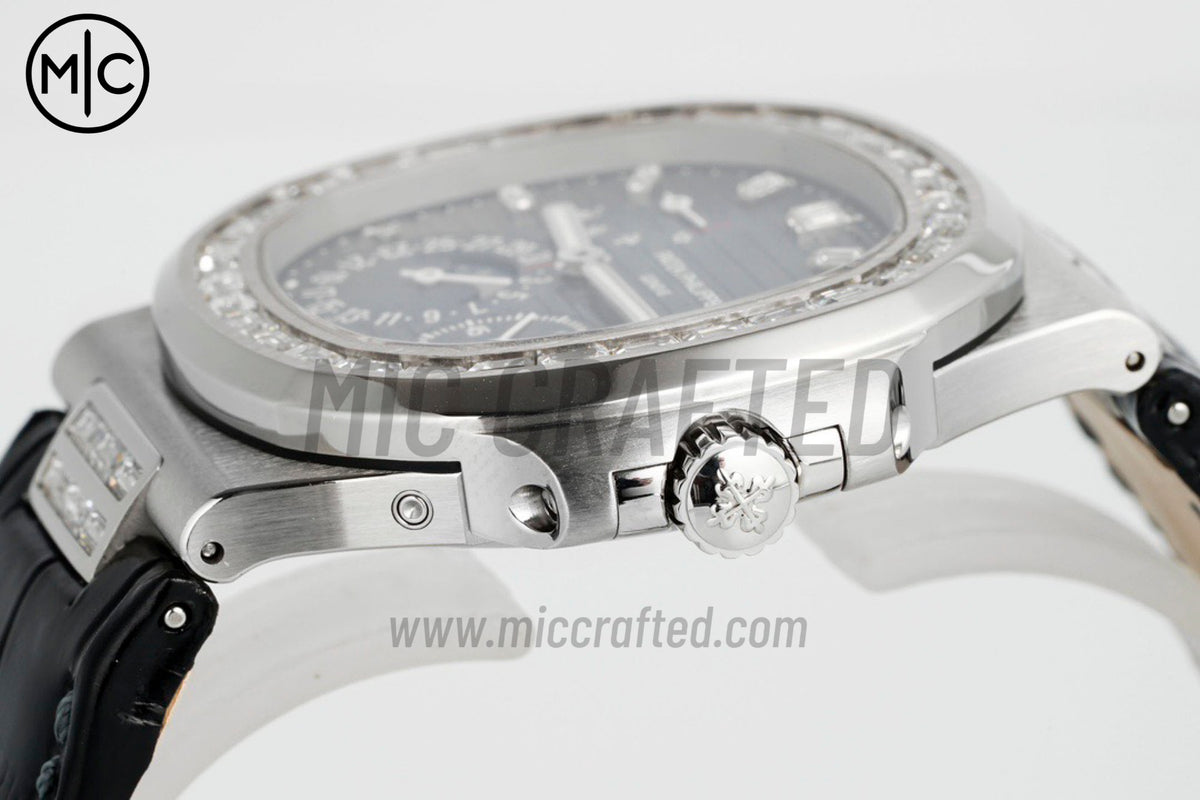 Nautilus 5724 40mm Full Diamonds SS Blue Dial on Black Leather Strap – Premium Edition