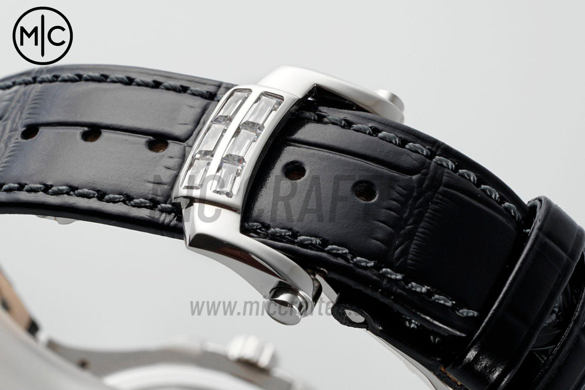 Nautilus 5724 40mm Full Diamonds SS Blue Dial on Black Leather Strap – Premium Edition