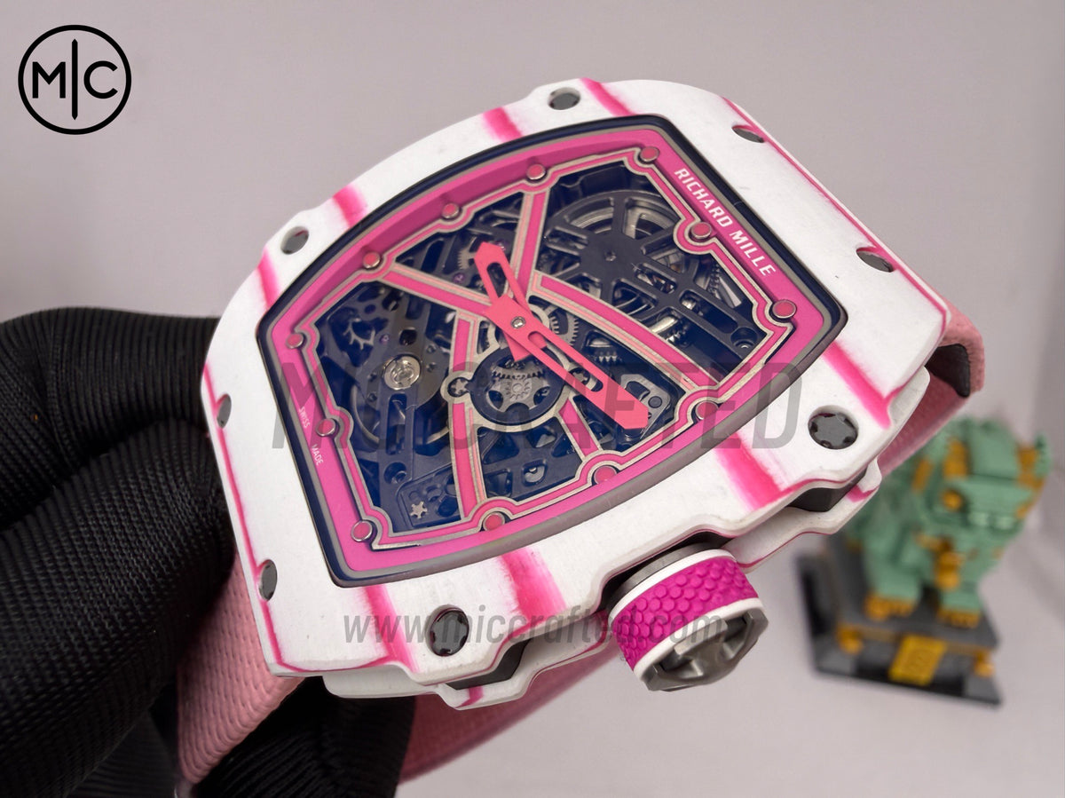 RM67-02 White NTPT White/Pink Skeleton Dial on Pink Nylon Strap – Handcrafted Version