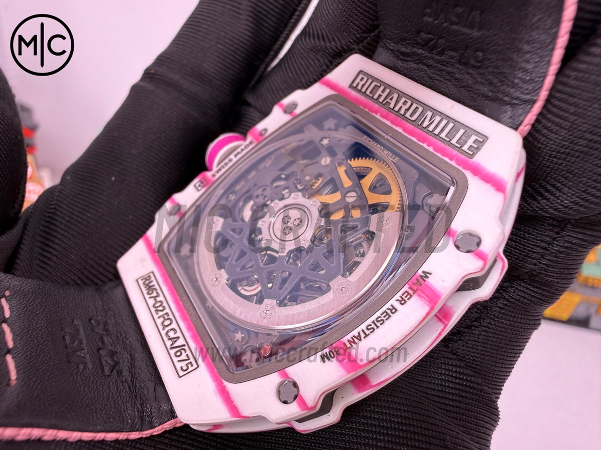RM67-02 White NTPT White/Pink Skeleton Dial on Pink Nylon Strap – Handcrafted Version
