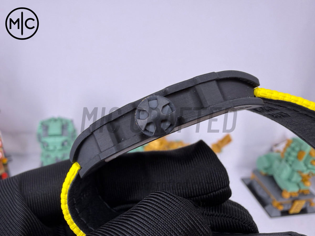 RM67-02 Black NTPT Yellow Skeleton Dial on Yellow Velcro Strap  – Handcrafted Version