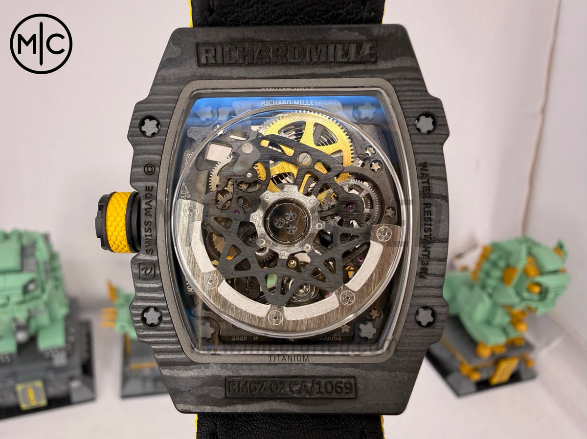 RM67-02 Black NTPT Yellow Skeleton Dial on Yellow Velcro Strap  – Handcrafted Version