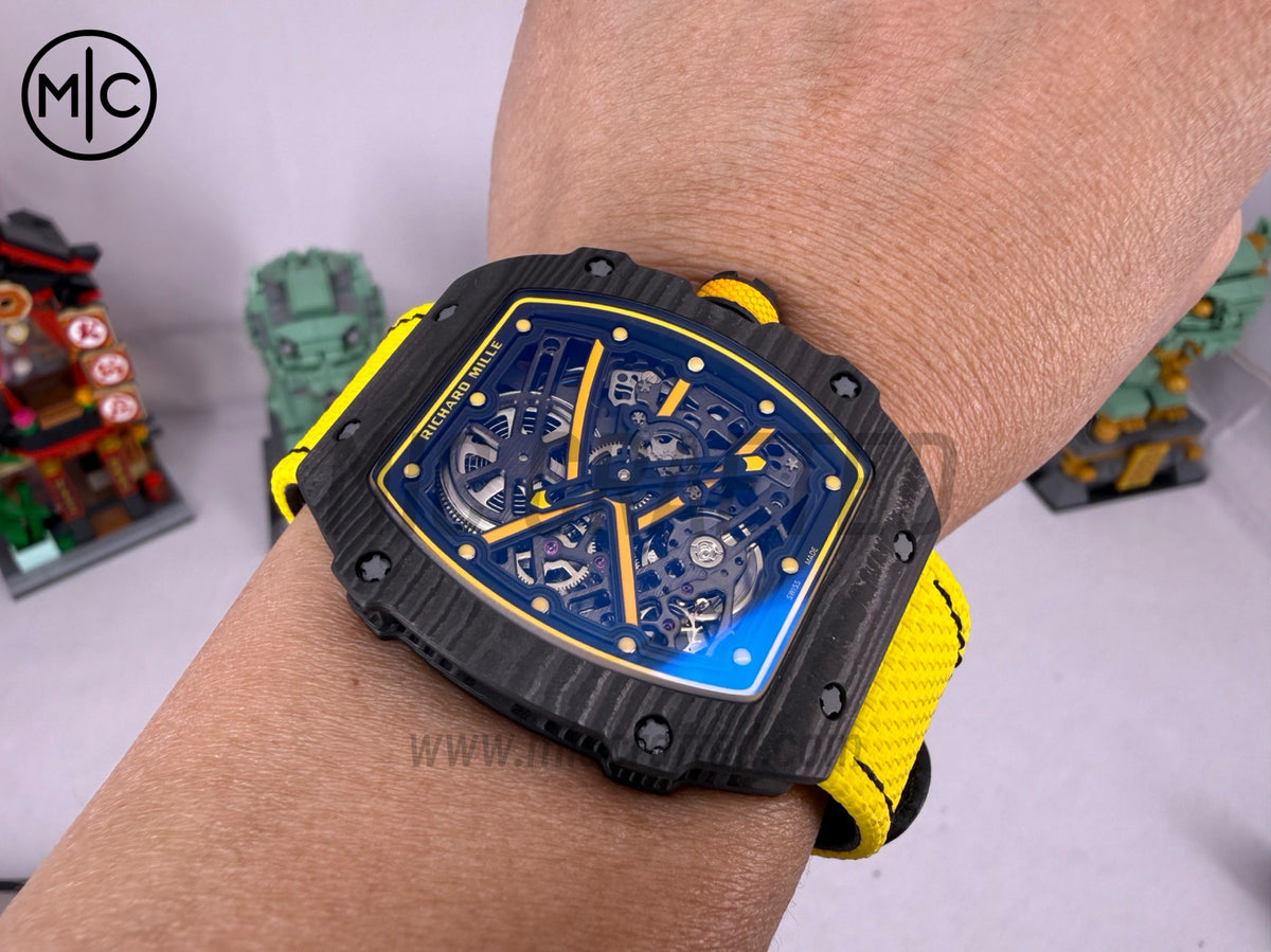 RM67-02 Black NTPT Yellow Skeleton Dial on Yellow Velcro Strap  – Handcrafted Version