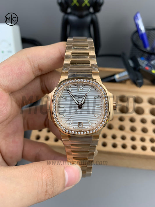 Nautilus 7118 35.2mm RG Ladies Silver Dial Diamonds Bezel on RG Bracelet – Premium Edition