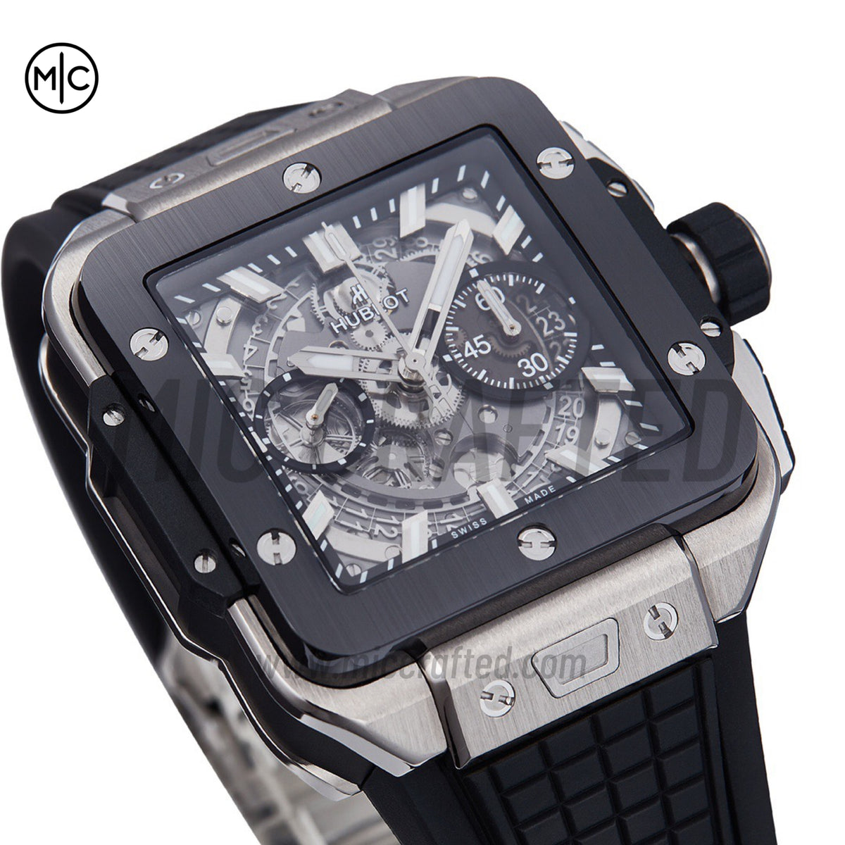 Square Bang Unico 42mm Titanium Skeleton Dial Ceramic Bezel on Black Rubber Strap – Premium Edition