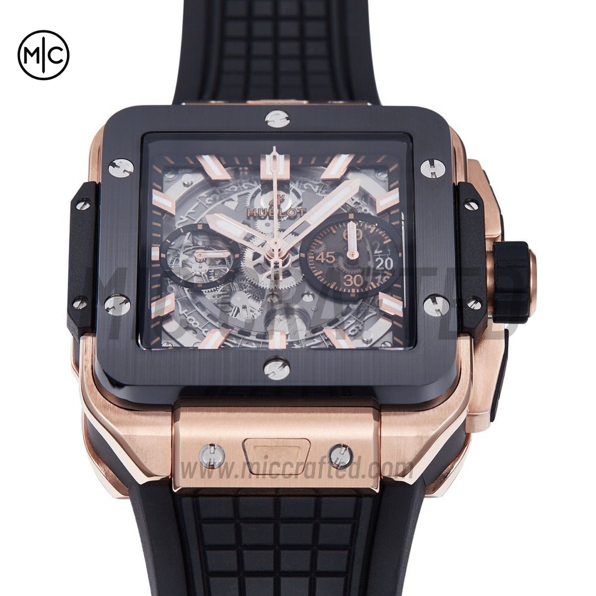 Square Bang Unico 42mm RG Skeleton Dial Ceramic Bezel on Black Rubber Strap – Premium Edition